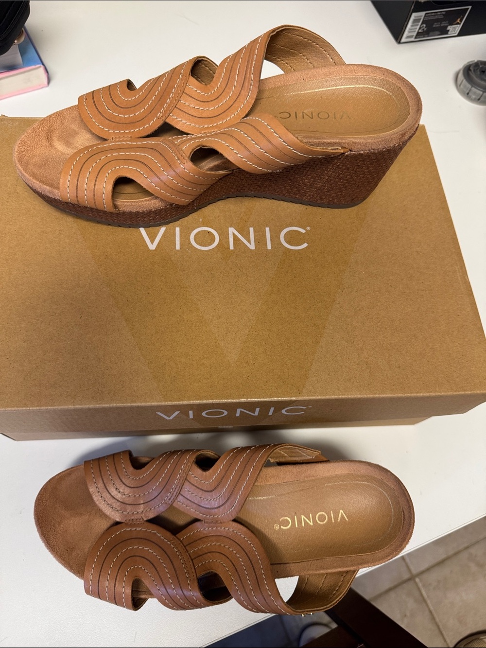 Vionic Brown Wedge Slide Sandals with Wave Stitch Straps